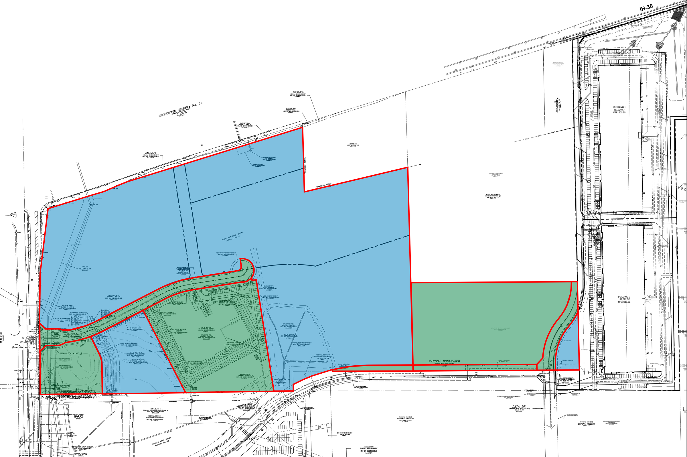Site markup showing remaining land in blue and sold parcels in green, net of roads and right-of-way
